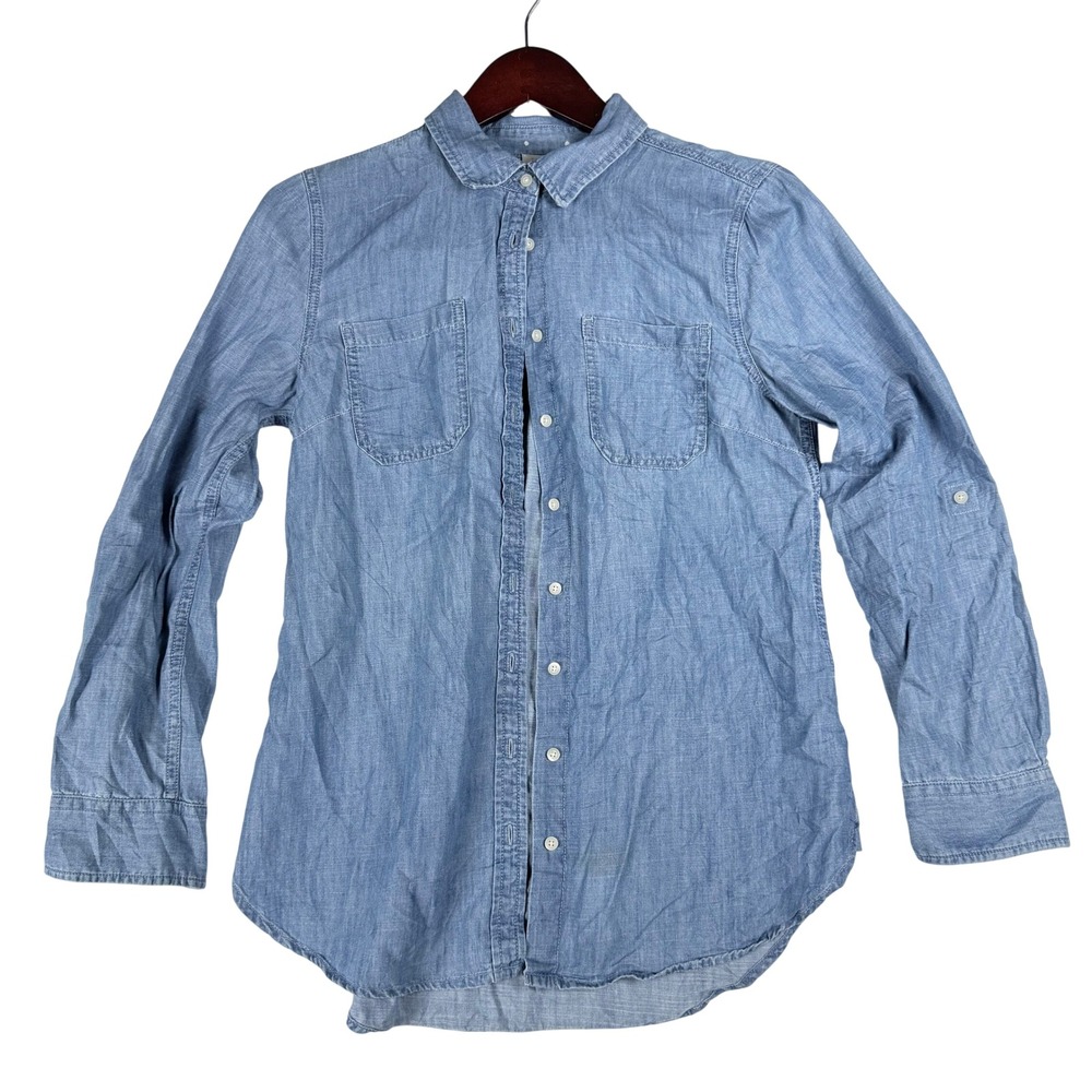 Talbots Chambray Shirt Women S Blue Cotton Lyocell Roll Tab Coastal Preppy